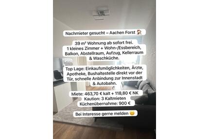 Wohnung in Aachen Forst - 583,00&nbsp;EUR Kaltmiete, ca.&nbsp; 39,00&nbsp;m&sup2; in Aachen (PLZ: 52078) Aachen-Mitte